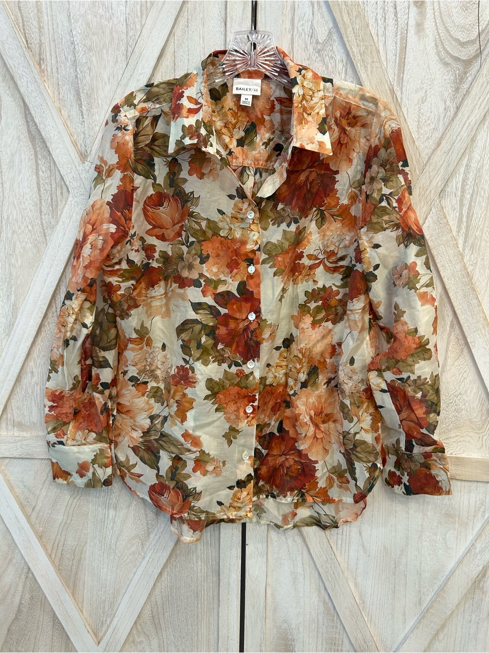 Bailey 44 Sheer Floral Button-Down Shirt in Rust & Cream